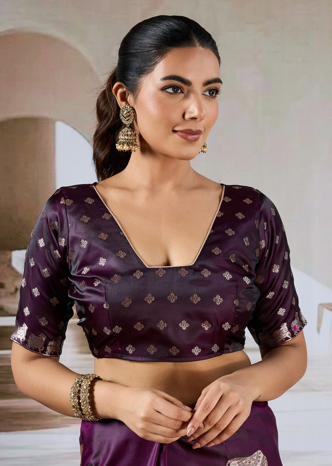 Wine Red Satin Silk Saree