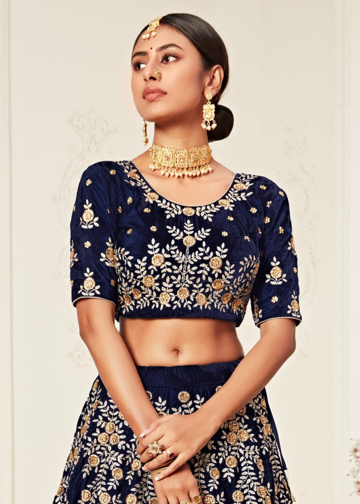 Navy Blue Velvet Lehenga With Zari & Thread embroidery With Diamond Work