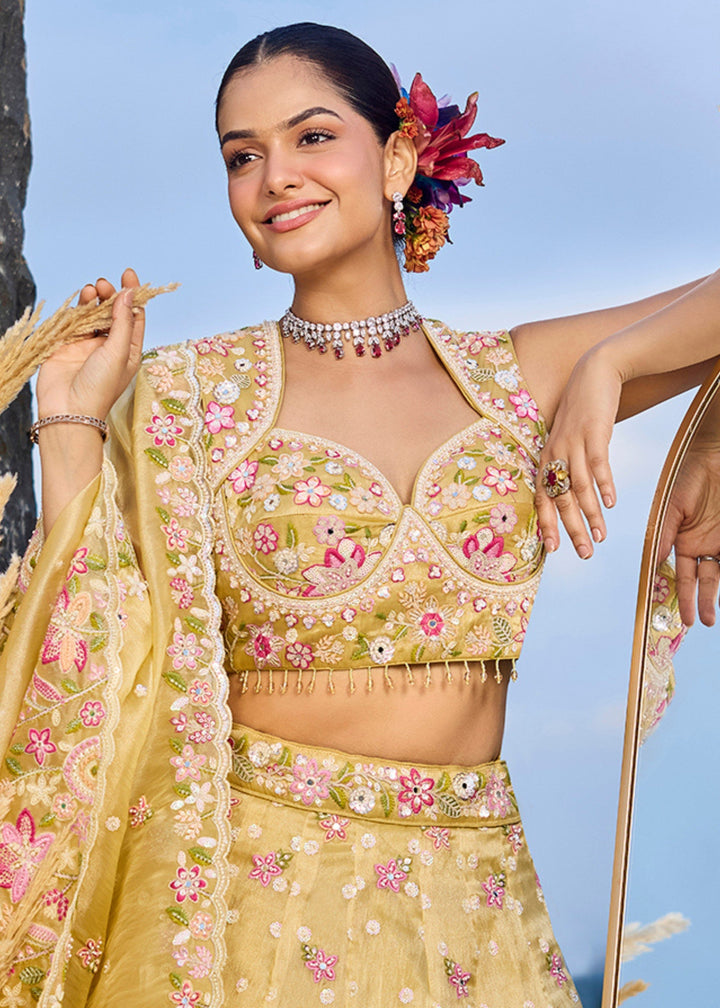 Yellow Organza Lehenga Choli with Beads & Sequince Embroidered