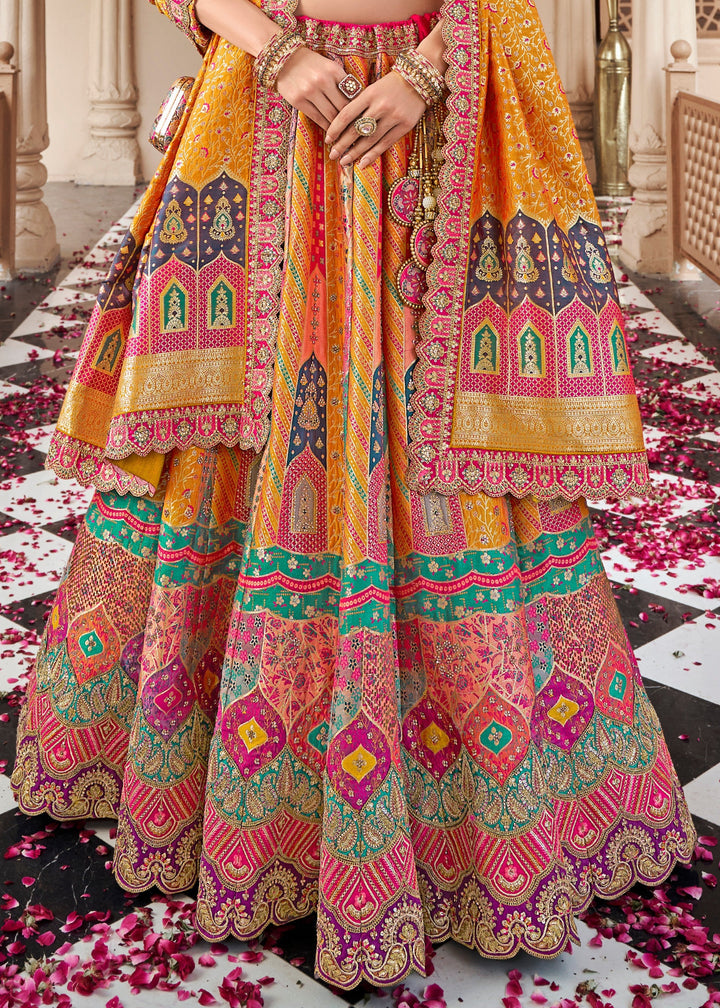 Mustard Yellow Banarasi Silk Lehenga with Zarkan & Cutwork