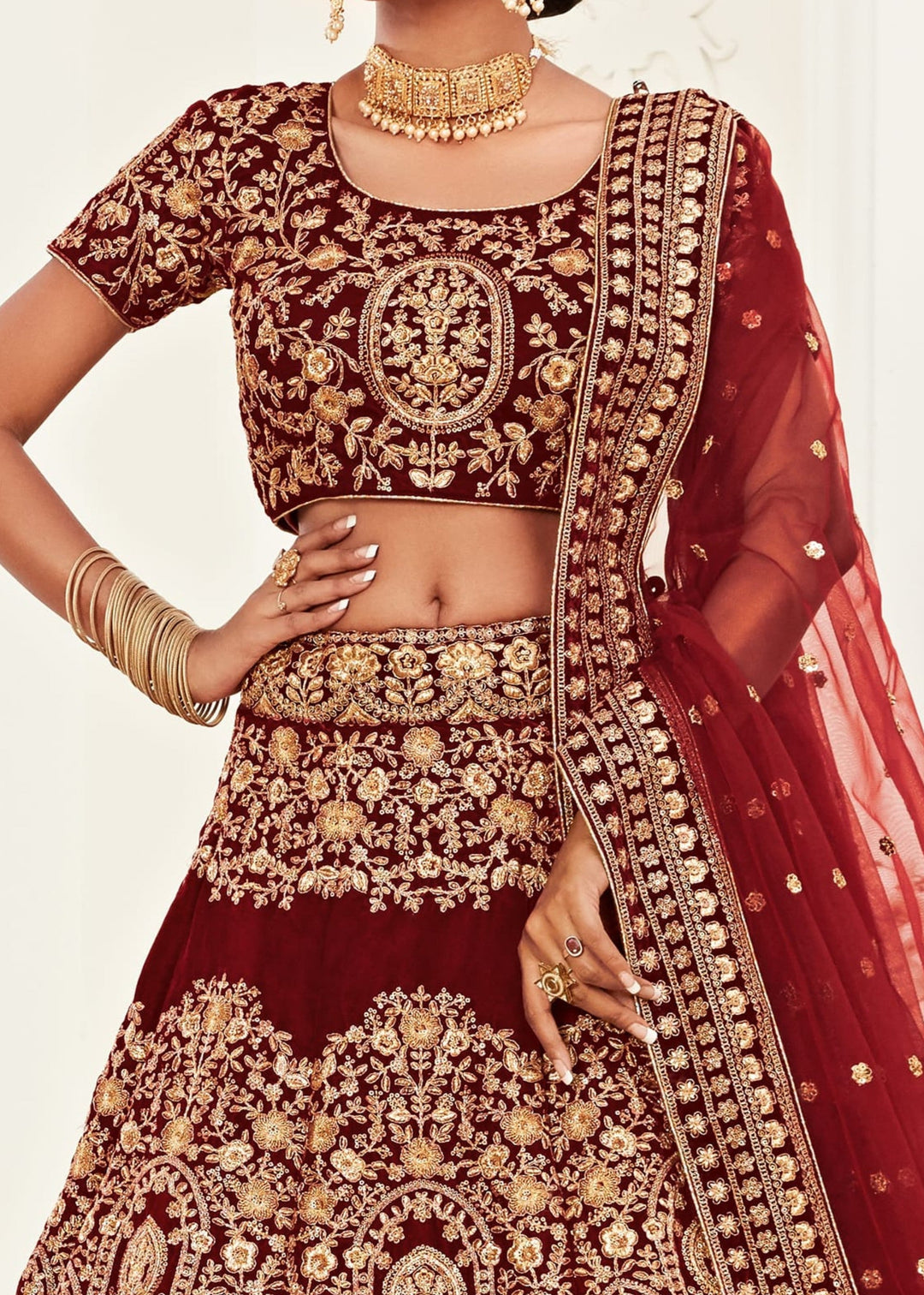 Red Velvet Lehenga With Thread, Zari, Dori and Sequins Embroidery Work