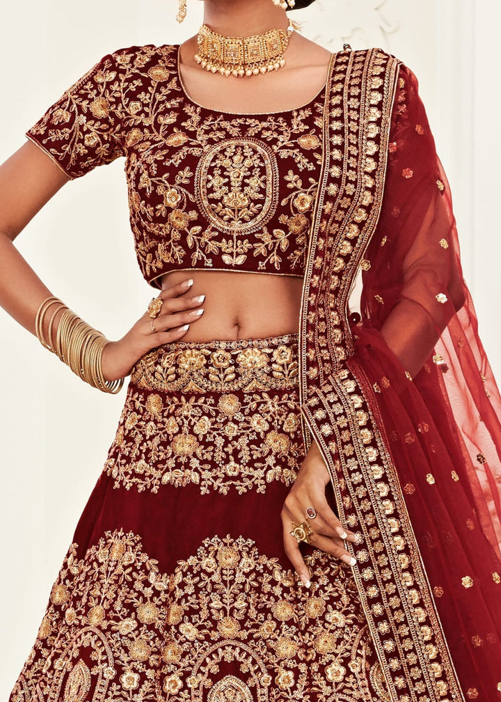 Red Velvet Lehenga With Thread, Zari, Dori and Sequins Embroidery Work