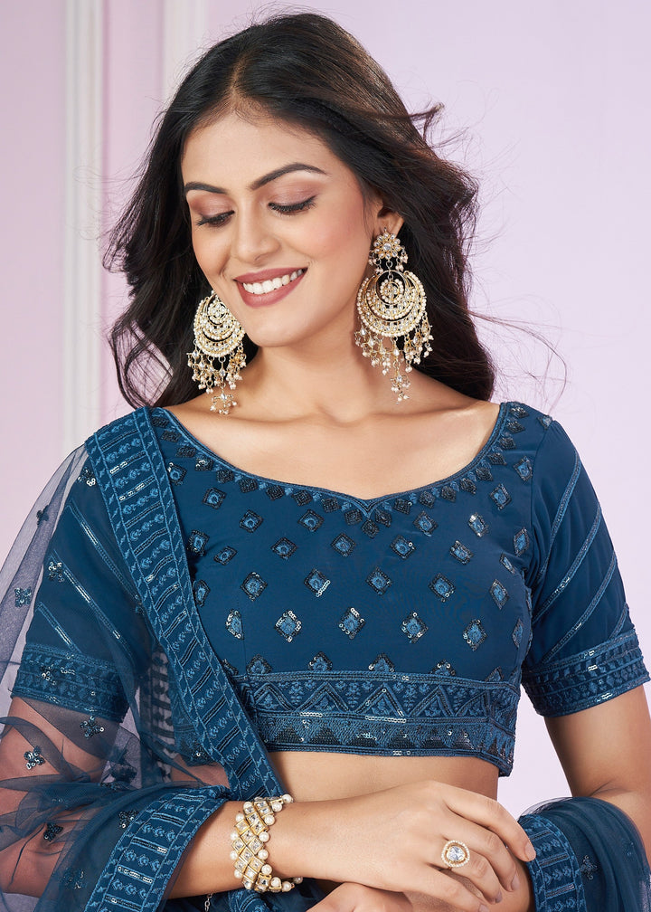 Teal Blue Georgette Lehenga Choli With Sequins And Thread Embroidery Work