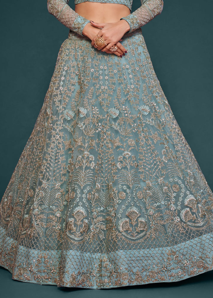 Aqua Blue Soft Net Lehenga with Thread, Zari, Badla and Glitter Dori Embroidery Work