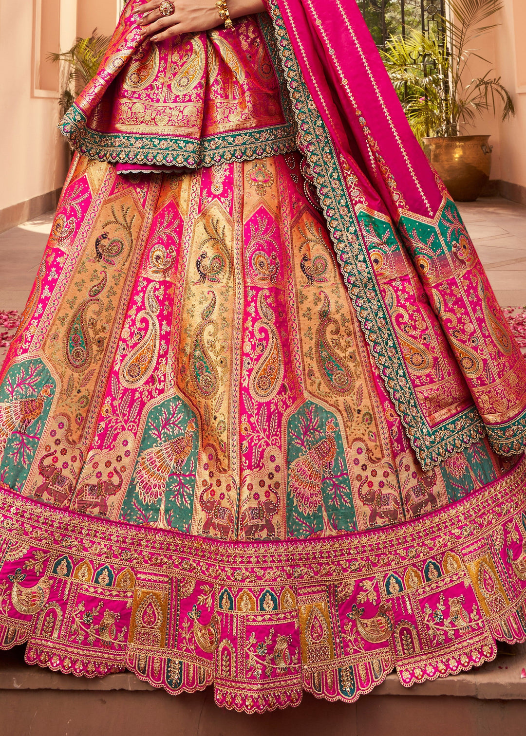 Magenta Pink Banarasi Silk Lehenga With Golden Zari Work