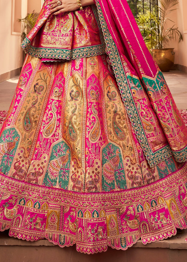 Magenta Pink Banarasi Silk Lehenga With Golden Zari Work