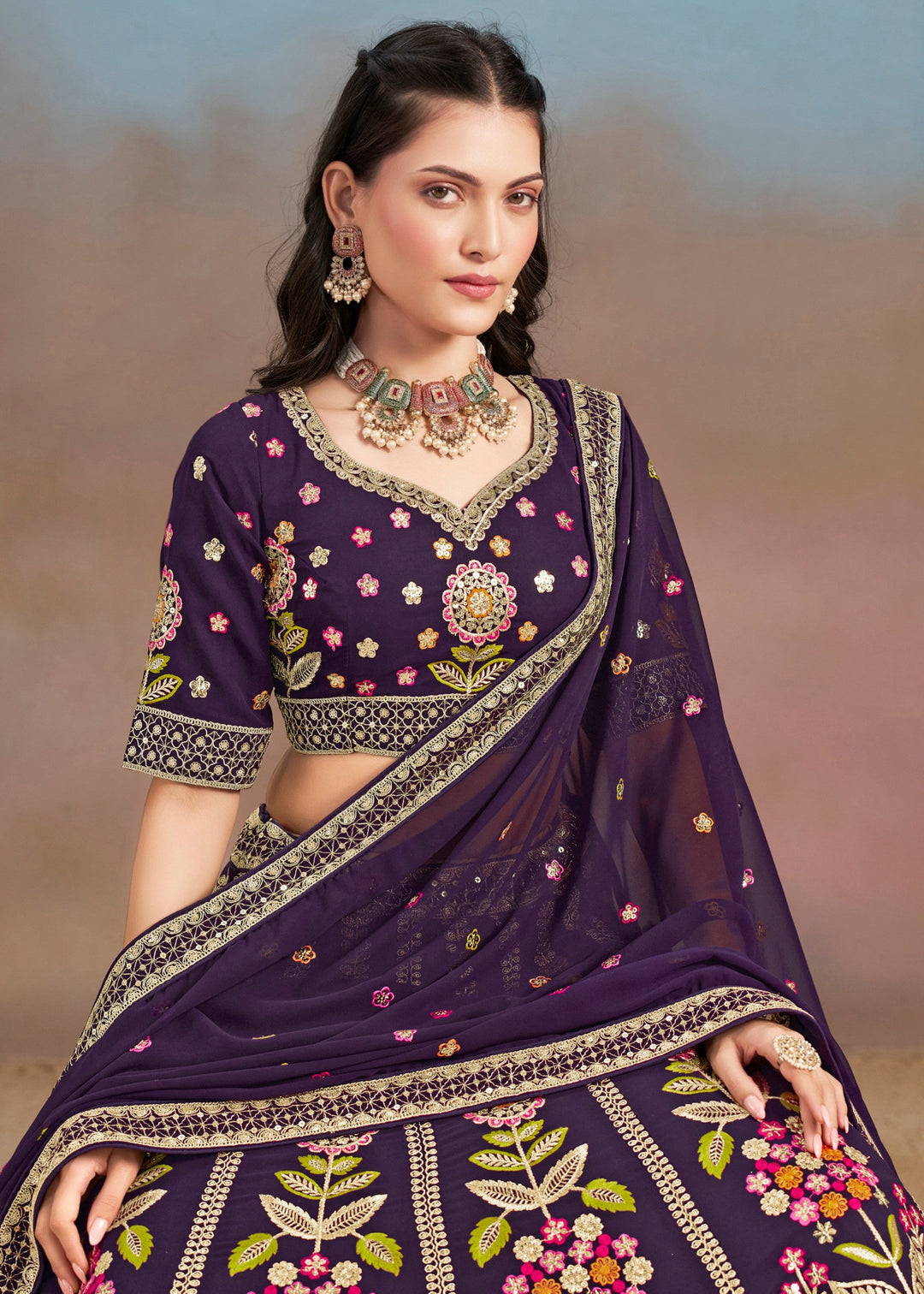 Purple Georgette Lehenga With Dupatta