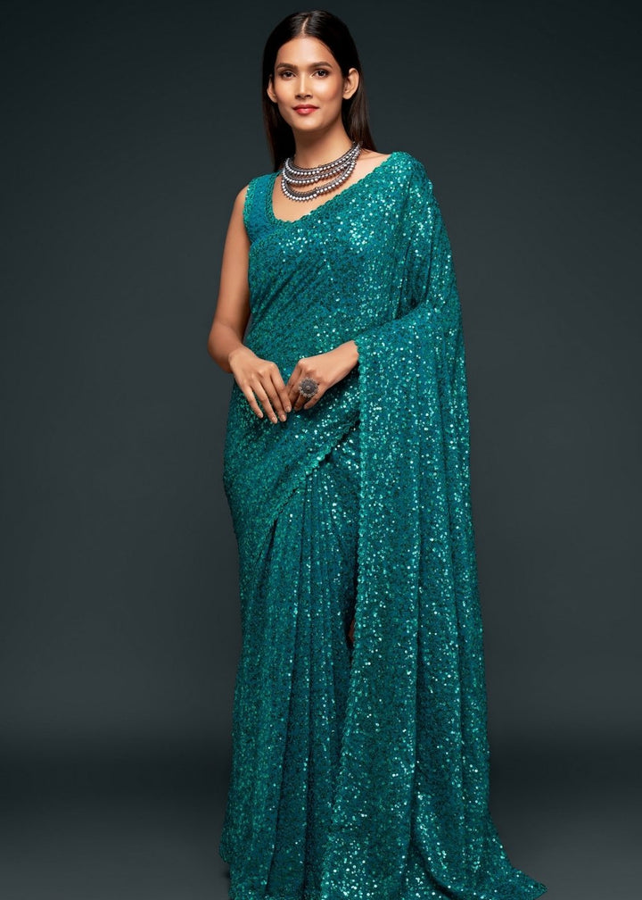 Dark Teal Blue Designer Georgette Saree
