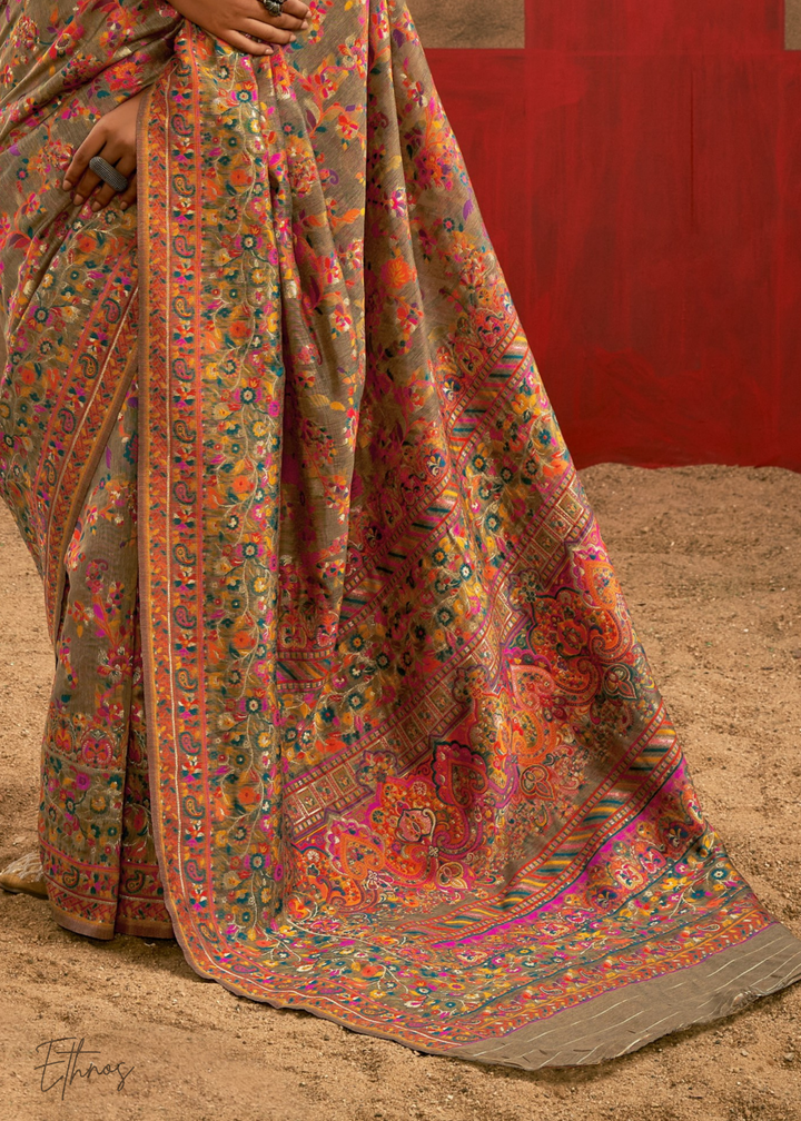 Olive-Taupe with Multicolour Kashmiri Floral Weaving Saree