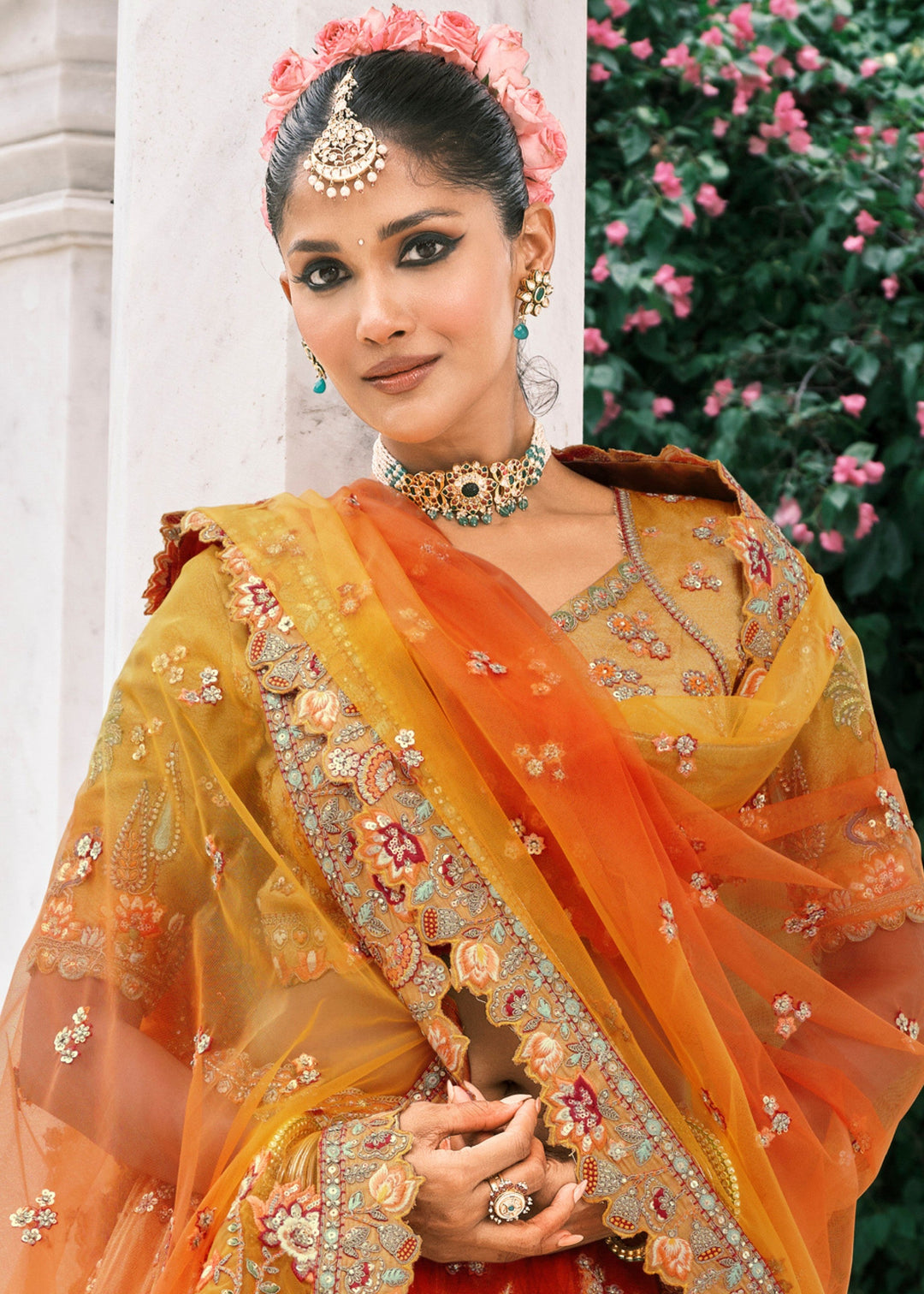 Cadmium Orange Fancy Silk Lehenga Choli With Cut Work Embroidery Border & Stone Work