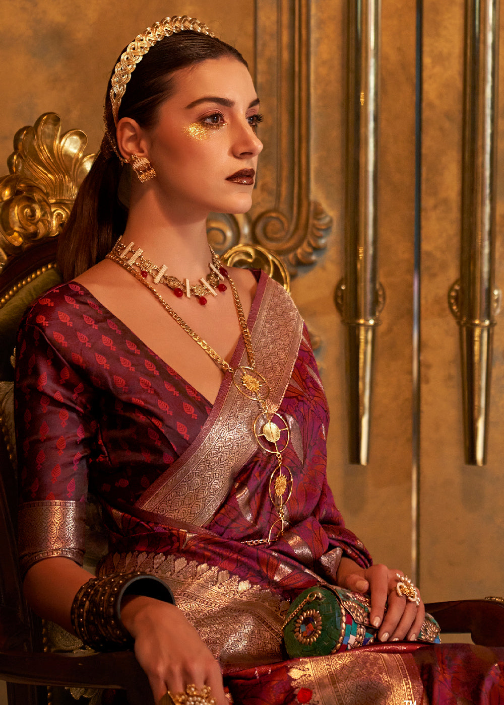 Maroon Brown Woven Satin Silk Saree