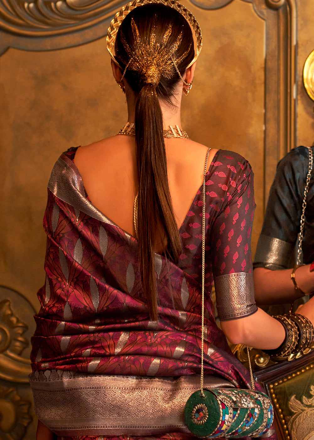 Maroon Brown Woven Satin Silk Saree