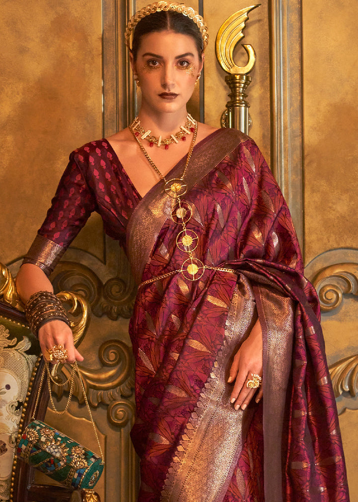 Maroon Brown Woven Satin Silk Saree