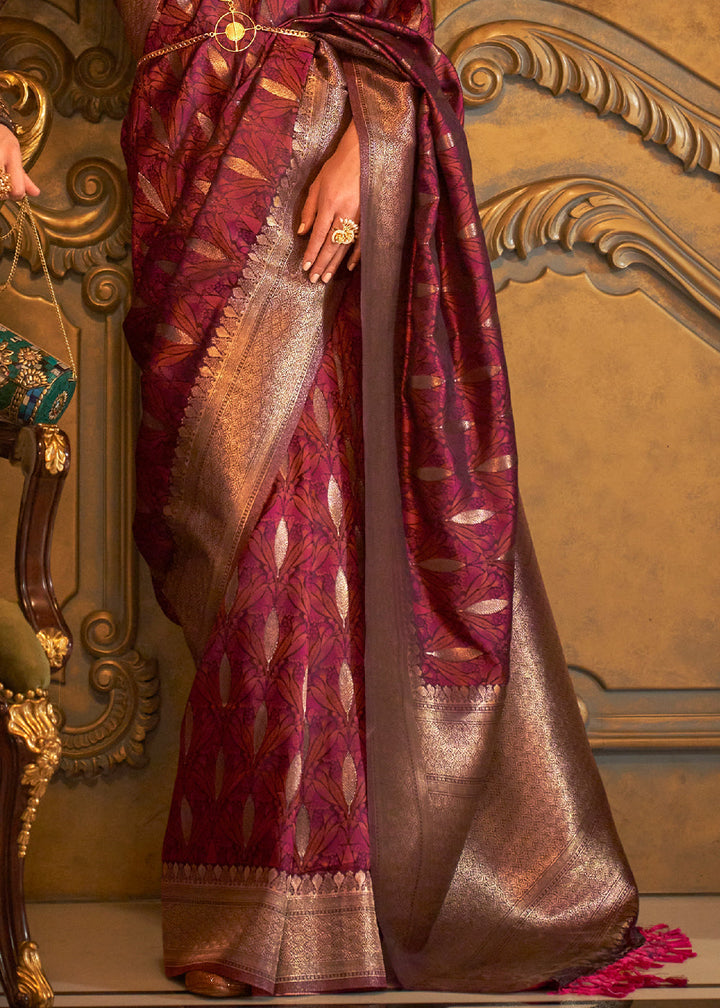 Maroon Brown Woven Satin Silk Saree