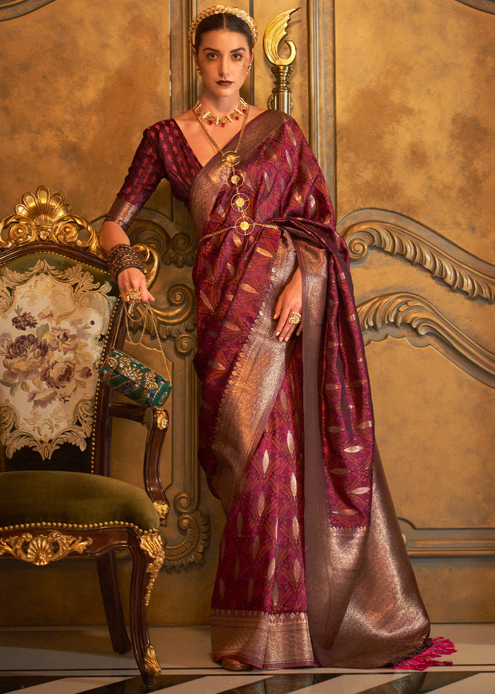 Maroon Brown Woven Satin Silk Saree