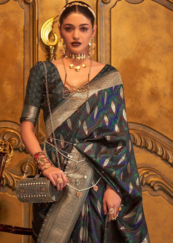 Charleston Green Woven Satin Silk Saree