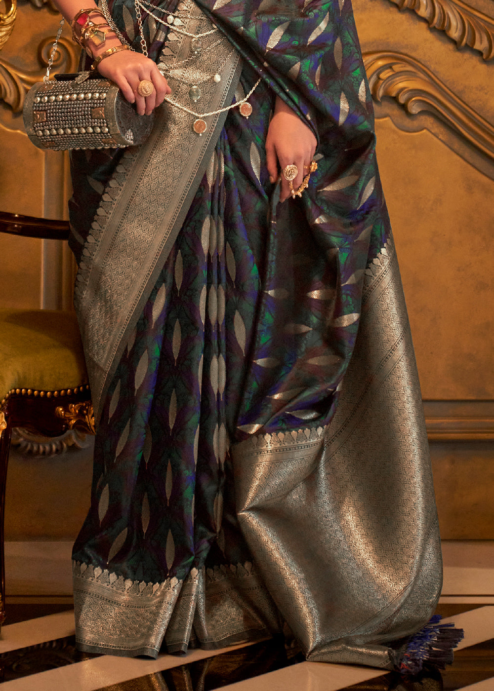 Charleston Green Woven Satin Silk Saree