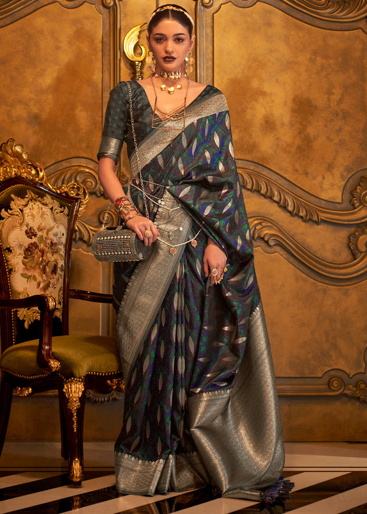 Charleston Green Woven Satin Silk Saree