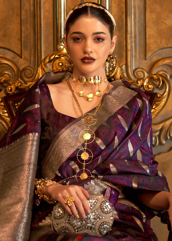 Midnight Purple Woven Satin Silk Saree