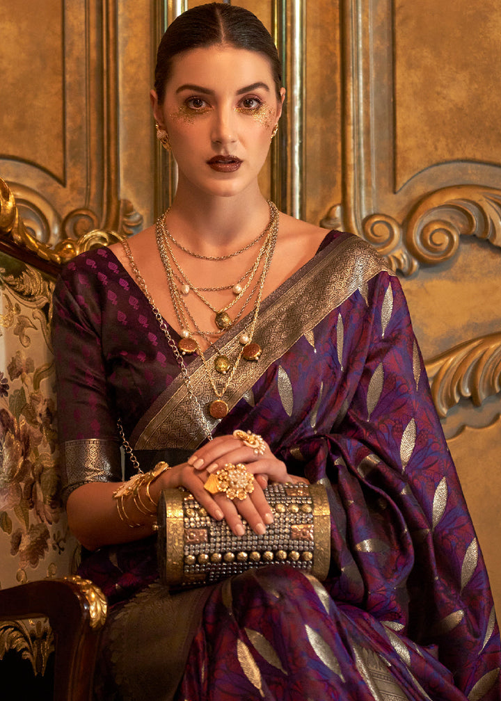 Irish Purple Woven Satin Silk Saree