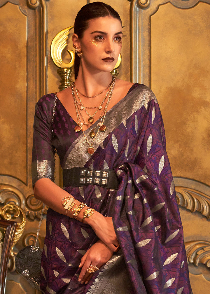 Irish Purple Woven Satin Silk Saree