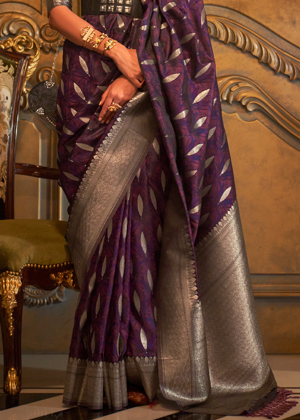 Irish Purple Woven Satin Silk Saree