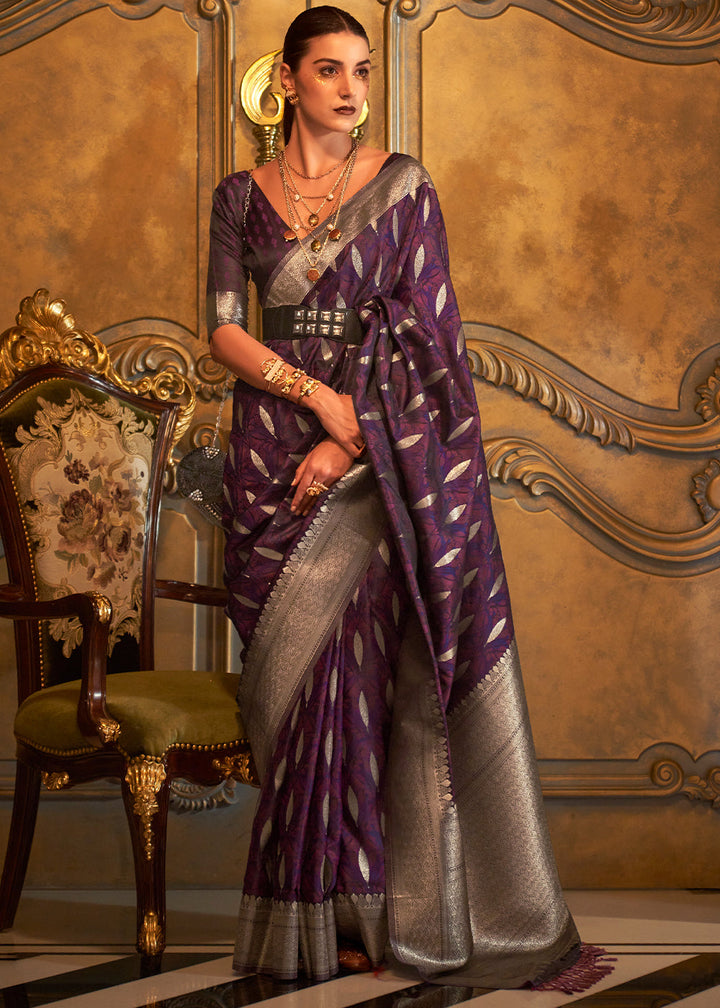 Irish Purple Woven Satin Silk Saree