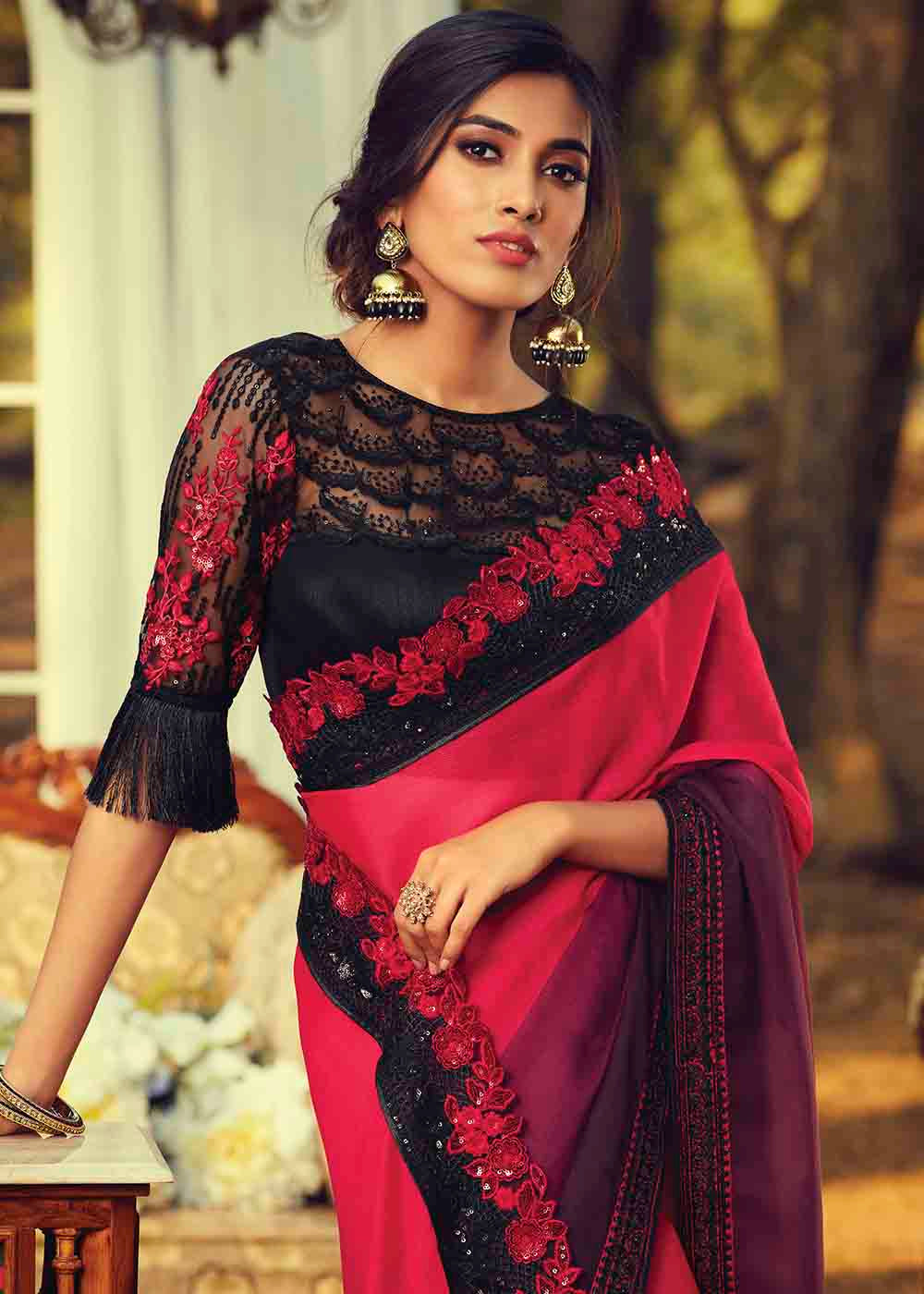 Pink & Purple Designer Embroidered Silk Saree with Sequence work