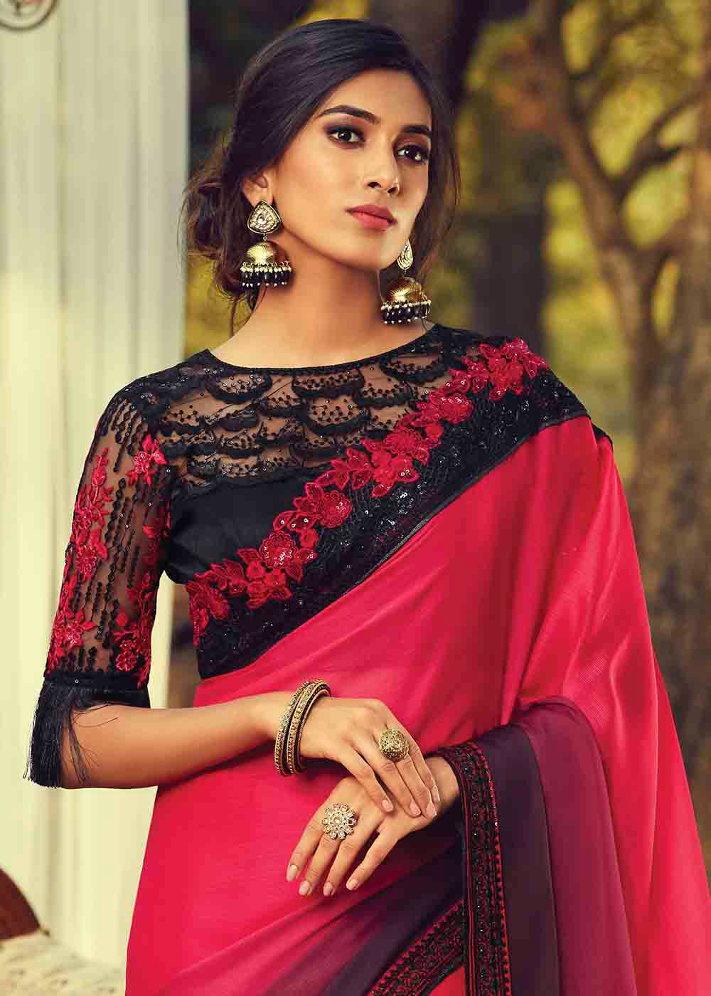 Pink & Purple Designer Embroidered Silk Saree with Sequence work