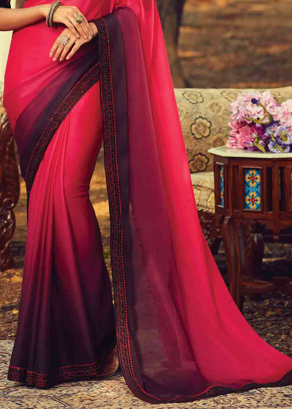 Pink & Purple Designer Embroidered Silk Saree with Sequence work
