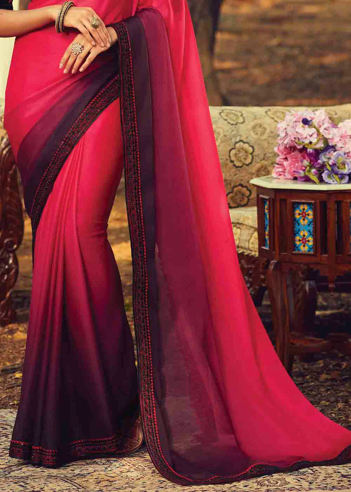 Pink & Purple Designer Embroidered Silk Saree with Sequence work