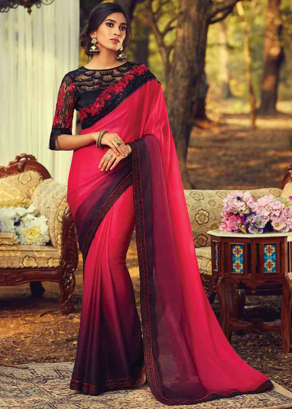Pink & Purple Designer Embroidered Silk Saree with Sequence work