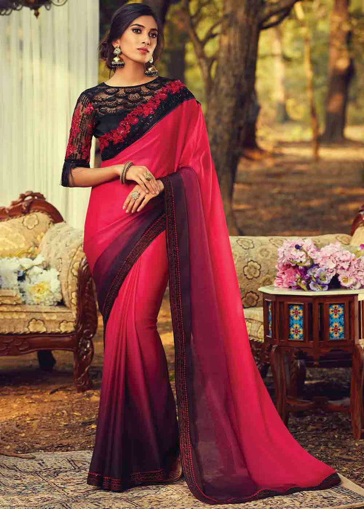 Pink & Purple Designer Embroidered Silk Saree with Sequence work