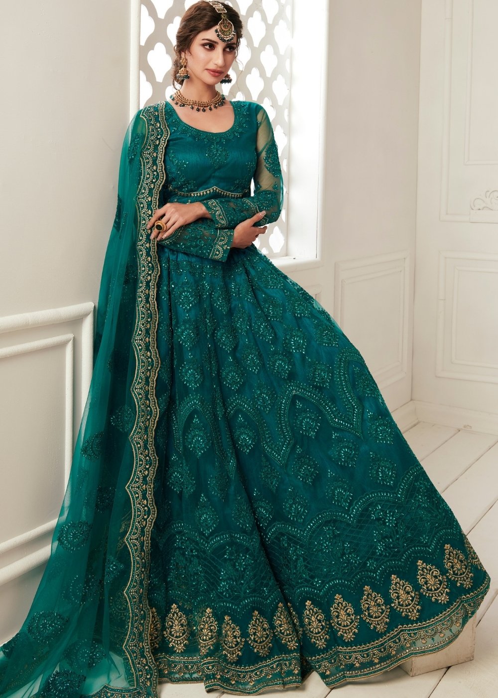 Teal Green Soft Net Lehenga Choli with Cording, Stonework, Thread & Zari Embroidery
