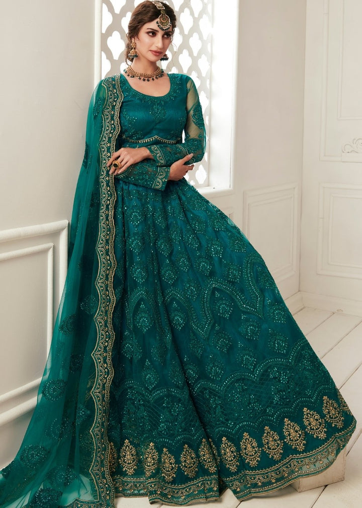 Teal Green Soft Net Lehenga Choli with Cording, Stonework, Thread & Zari Embroidery