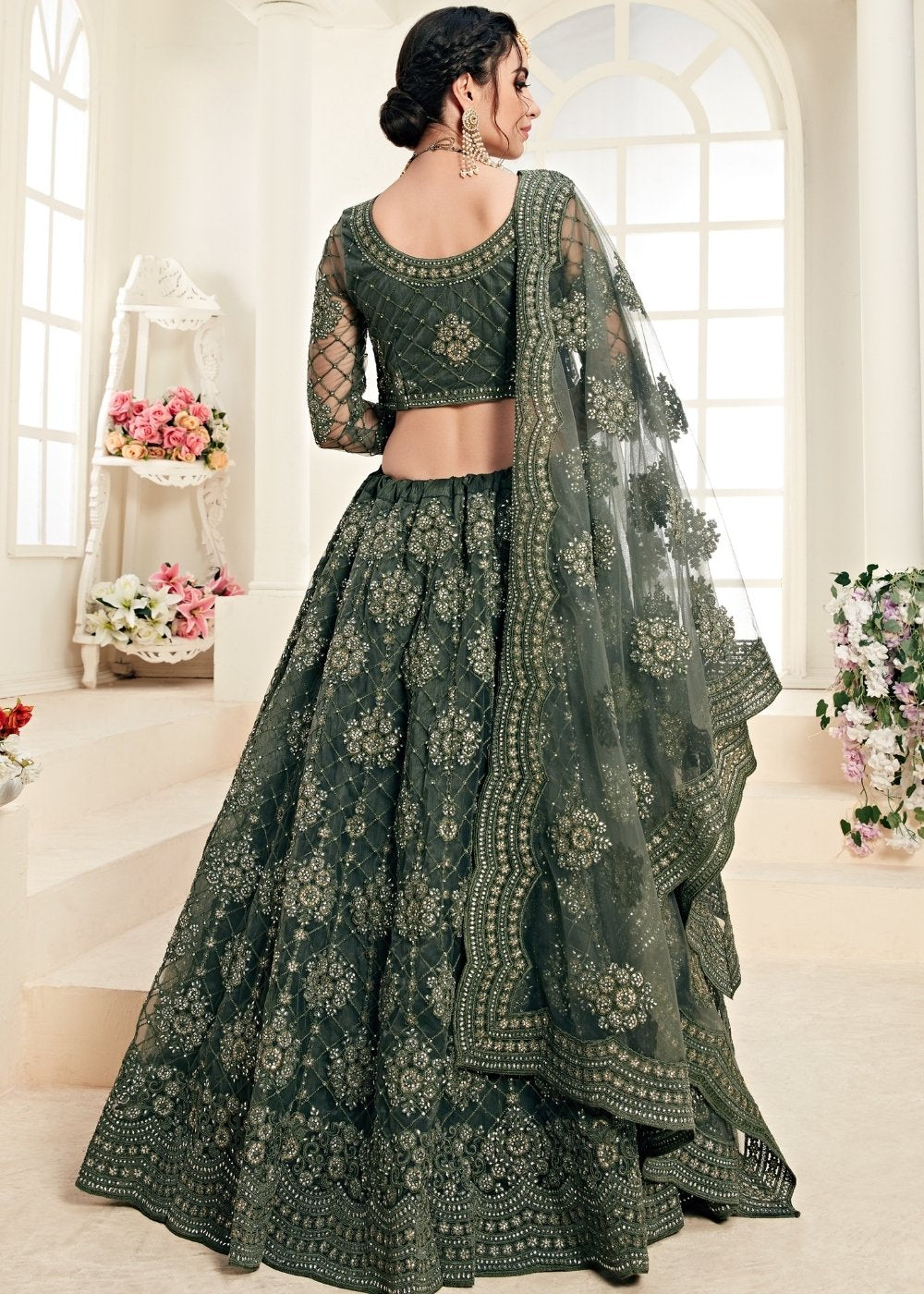 Mehendi Green Soft Net Lehenga Choli with Cording Embroidery & Stonework