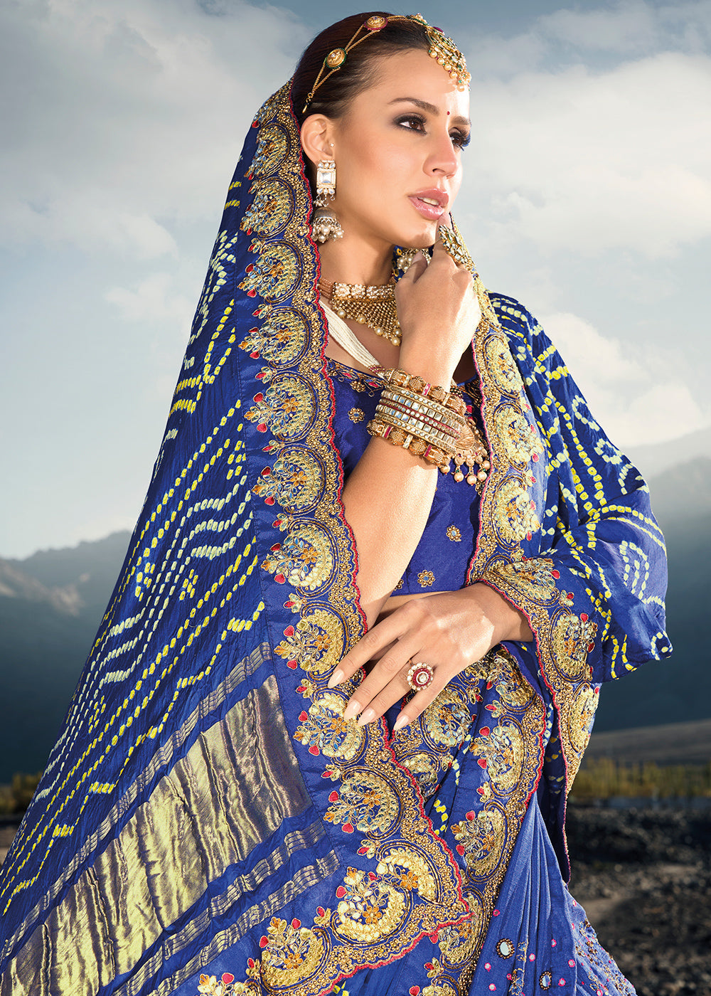 Azure Blue Bandhej Satin Silk Saree