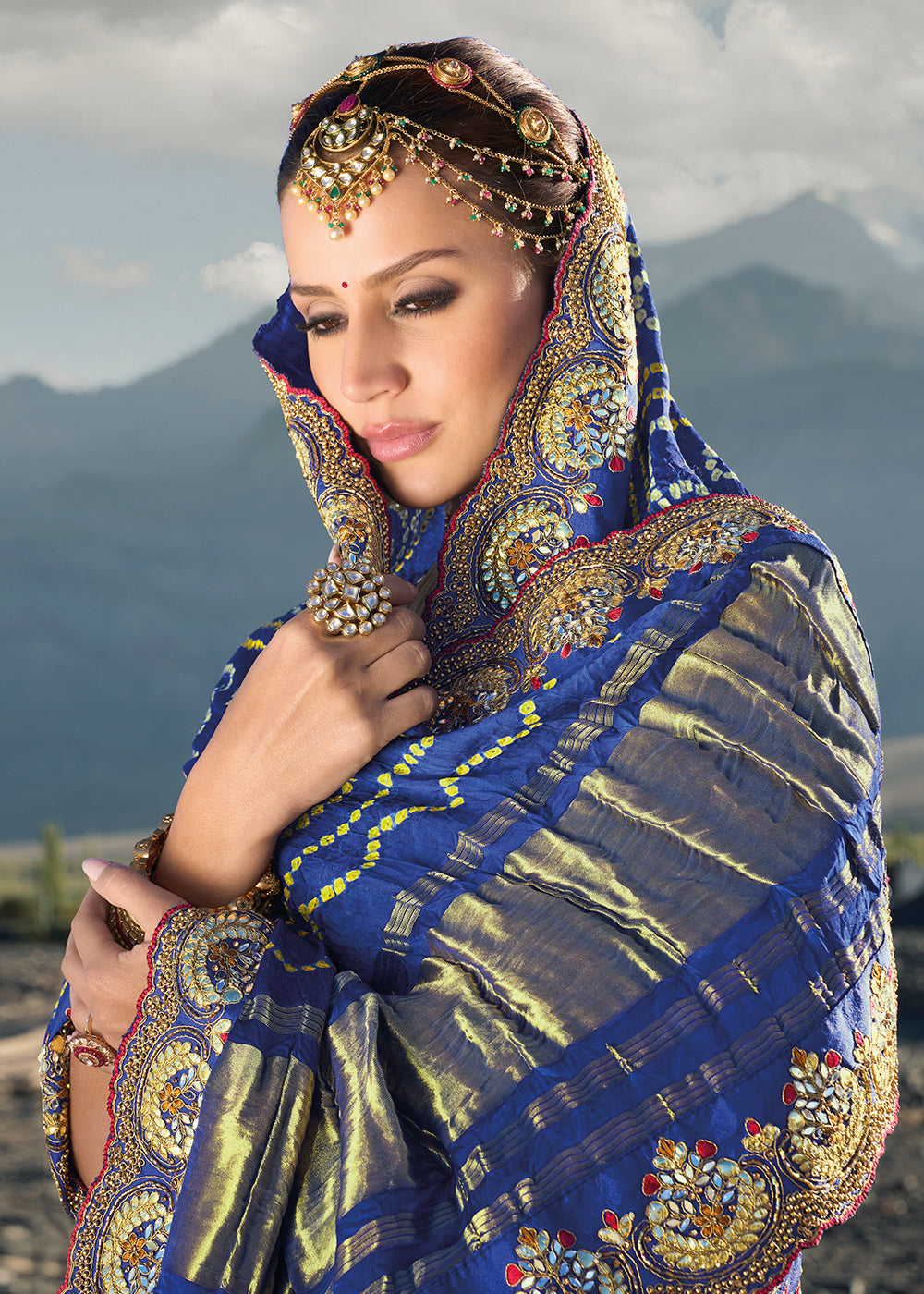 Azure Blue Bandhej Satin Silk Saree