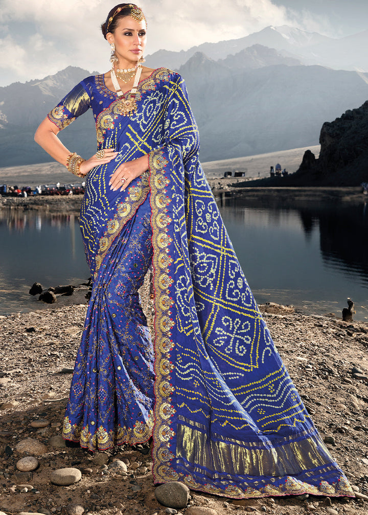 Azure Blue Bandhej Satin Silk Saree