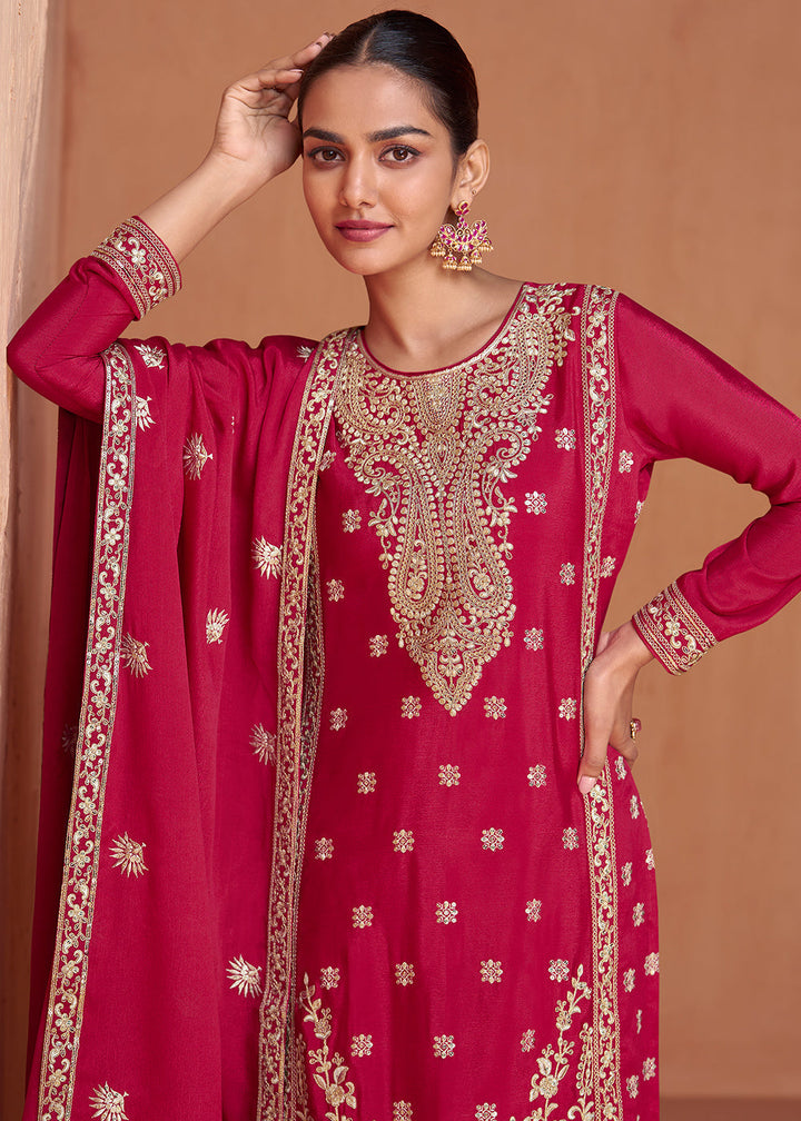 Cerise Pink Floral Embroidered Chinon Silk Plazzo Suit