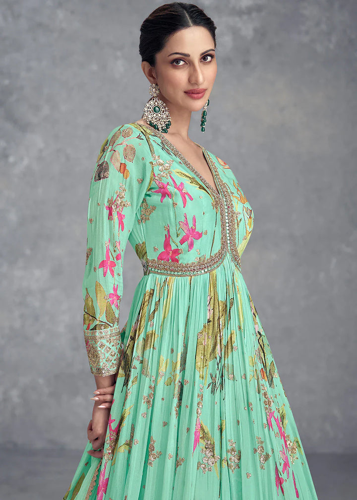 Blueish Green Digital Floral Printed Chinon Anarkali Suit with Embroidery work