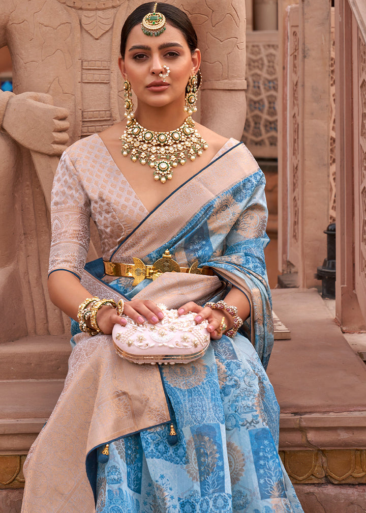 Shades Of Blue Digital Printed Organza Silk Saree