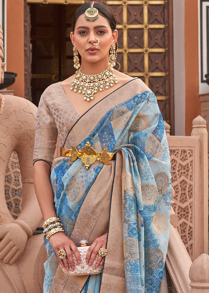 Shades Of Blue Digital Printed Organza Silk Saree