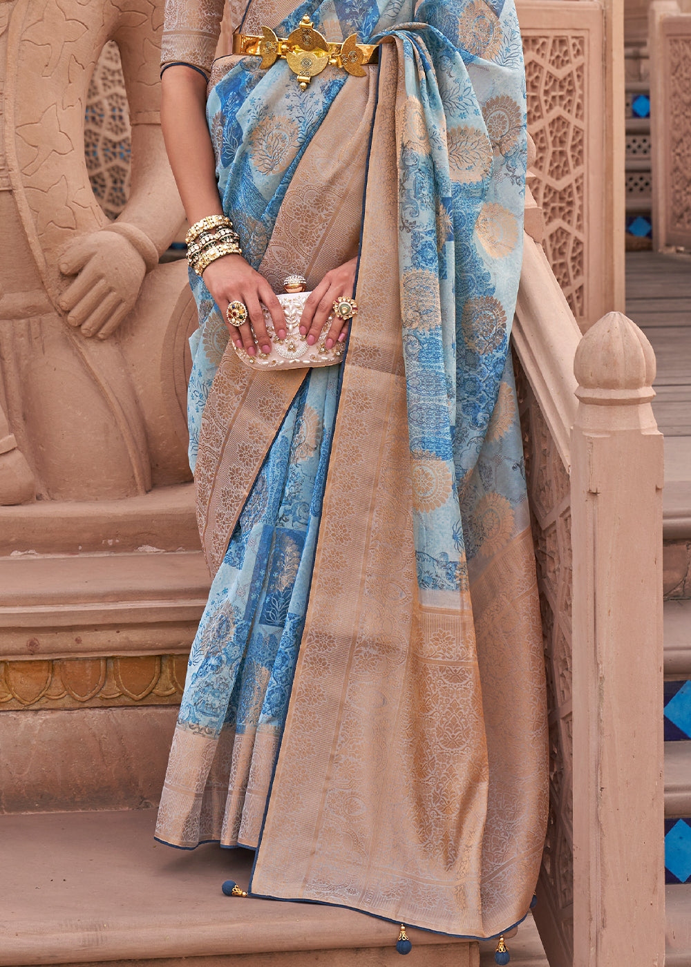 Shades Of Blue Digital Printed Organza Silk Saree