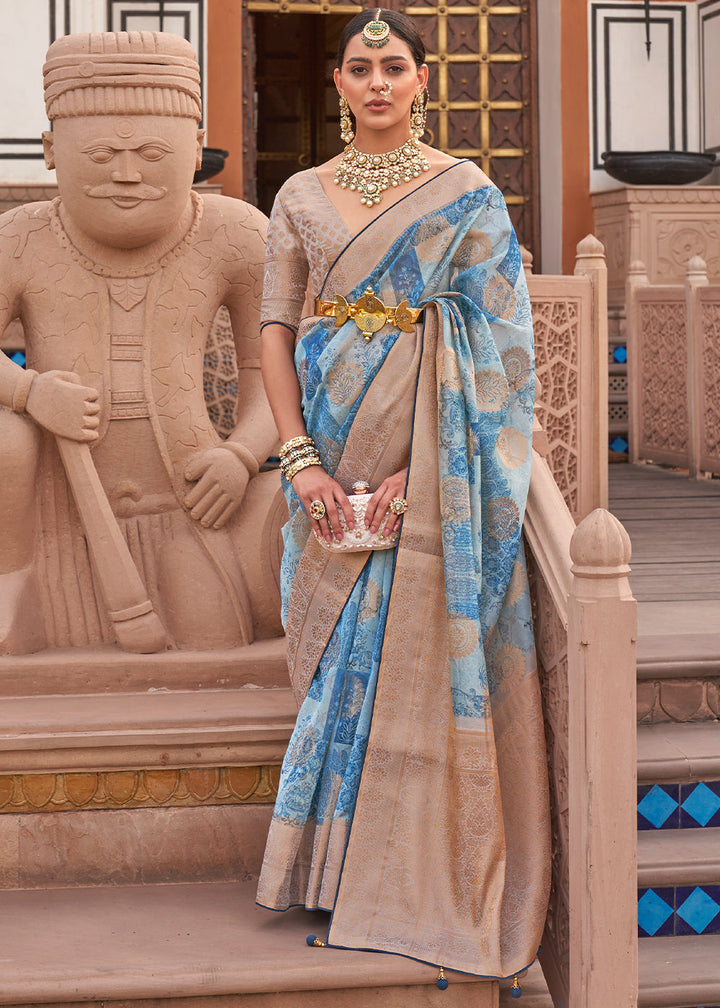 Shades Of Blue Digital Printed Organza Silk Saree