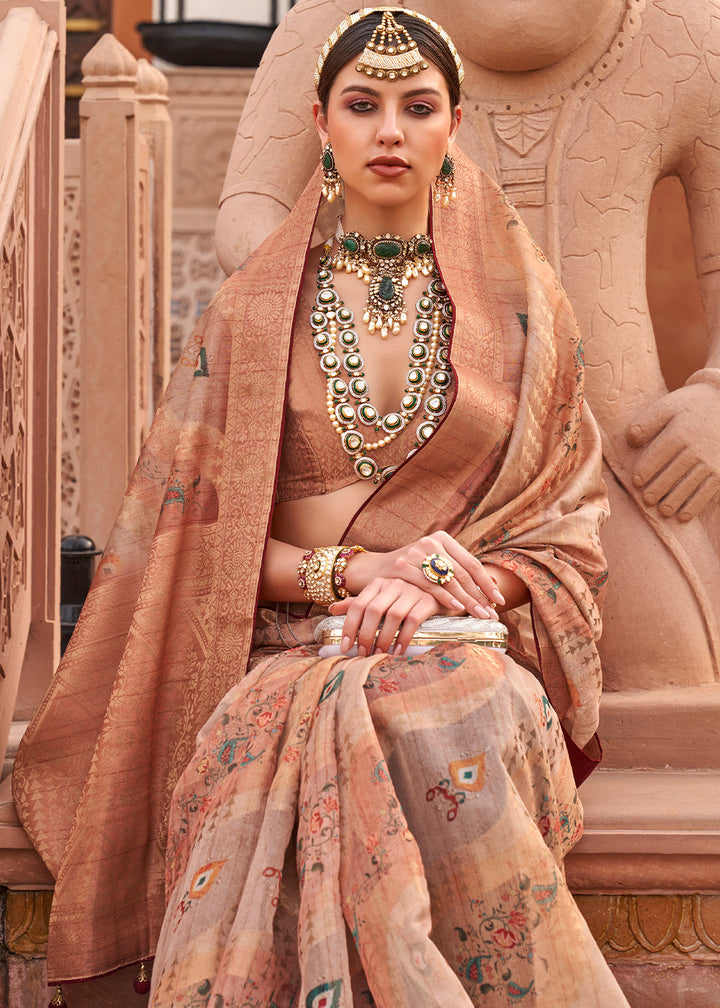 Shades Of Brown Digital Printed Organza Silk Saree