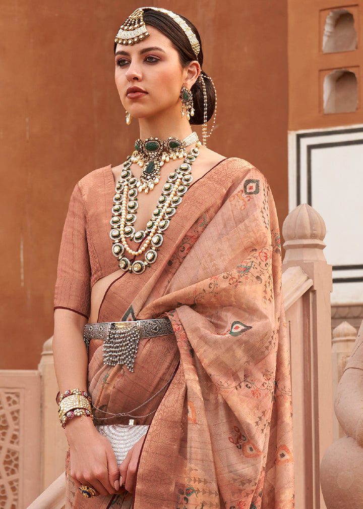 Shades Of Brown Digital Printed Organza Silk Saree