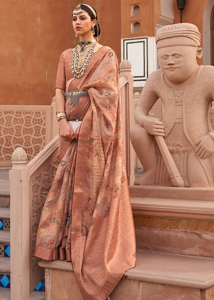 Shades Of Brown Digital Printed Organza Silk Saree