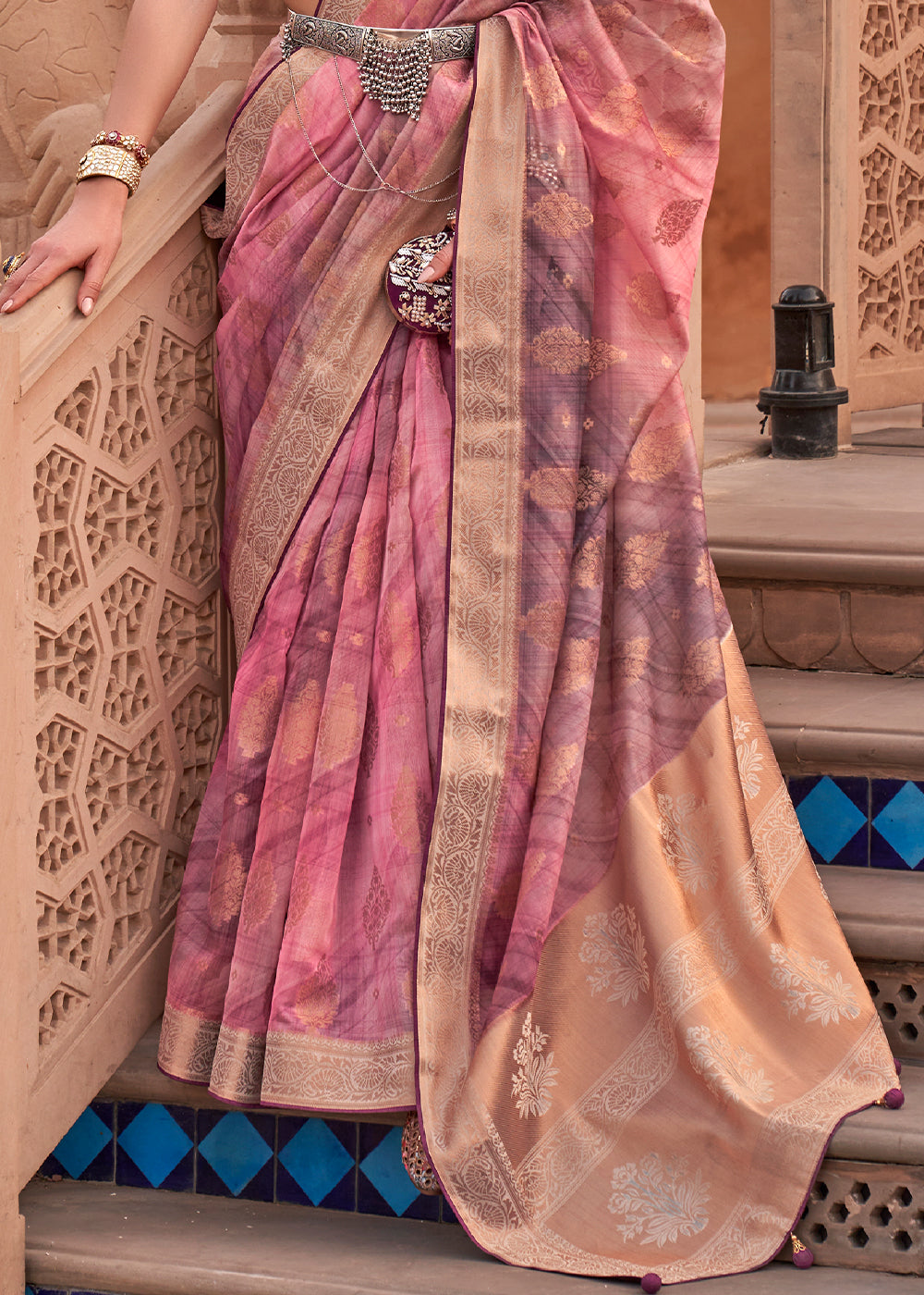 Taffy Pink Digital Printed Organza Silk Saree