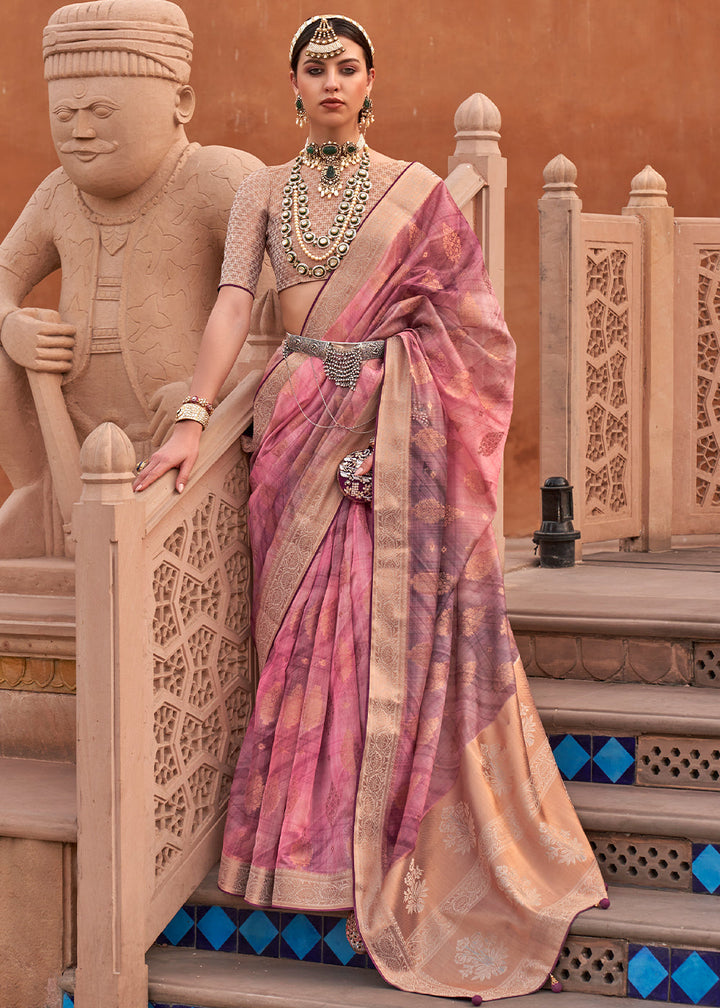Taffy Pink Digital Printed Organza Silk Saree